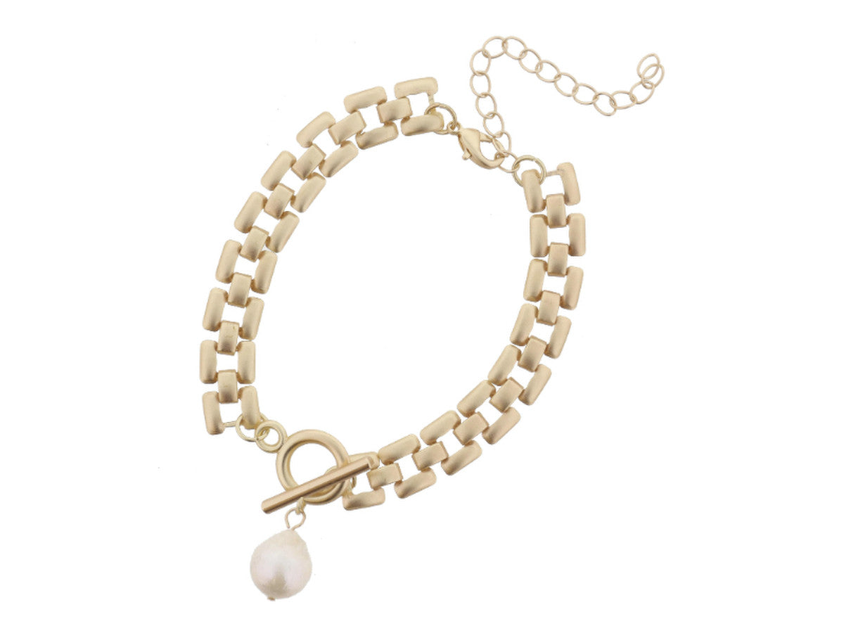 Jane Marie - Matte Gold Presidential Chain w/ Drop Pearl Pendant