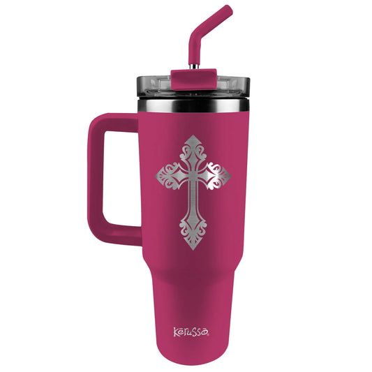 Kerusso - 40 oz Stainless Steel Mug With Straw Filigree Cross