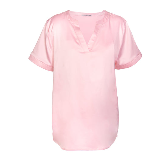 Amanda Blu - Pale Pink Satin Short Sleeve V Neck Top