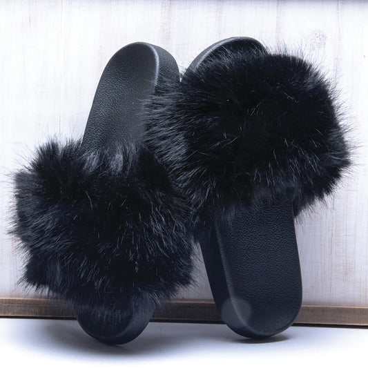 Amanda Blu - Black Furry Slippers