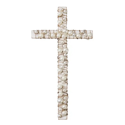 Mud Pie - WHITE WOOD CROSS WITH PEARLS